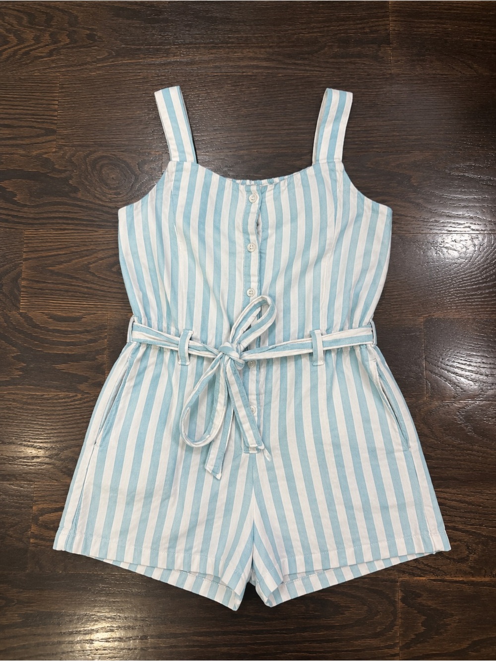Old Navy Light Blue and White Striped Girls' Romper with Belt